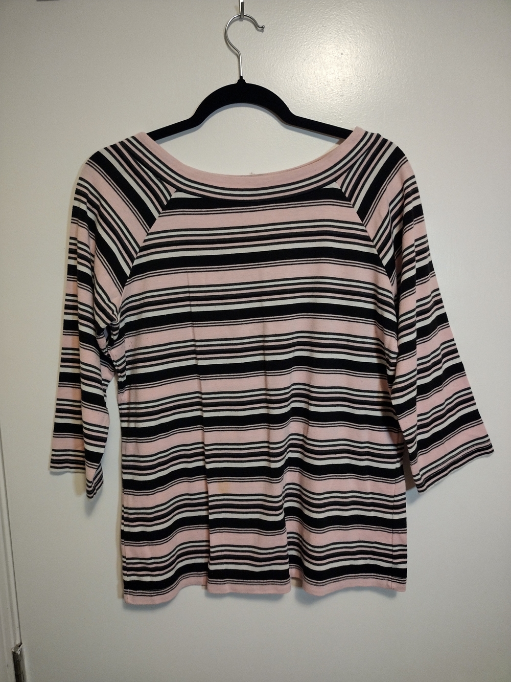 Women's Pink and Black Striped Long Sleeve Boatneck Top